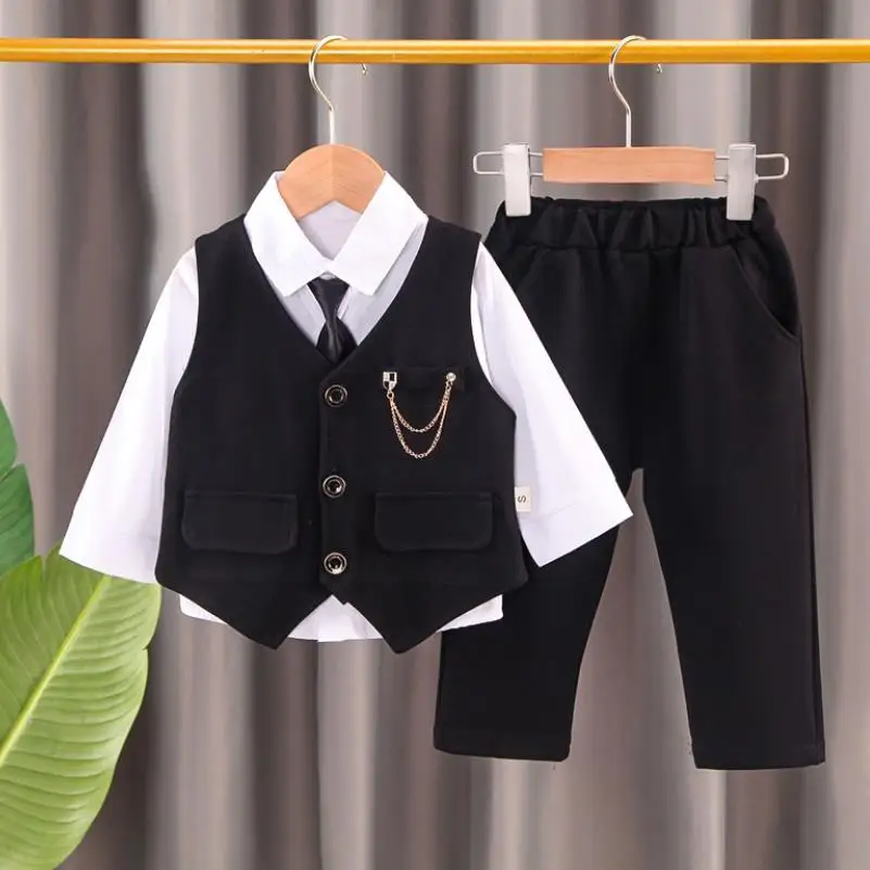 

Spring Autumn Toddler Baby Kids Boys Gentleman Clothing Sets Party Wedding Clothes Suit T-shirt+Vest+Pants 3pcs Set 0-4Y