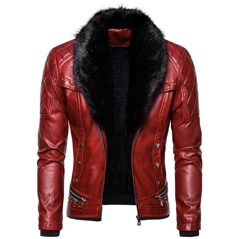 2023 New Men's Faux Leather Fur Neck Jackets Motorcycles Trendy Autumn Winter Warm Design Hair Collar Removable Casual Coat