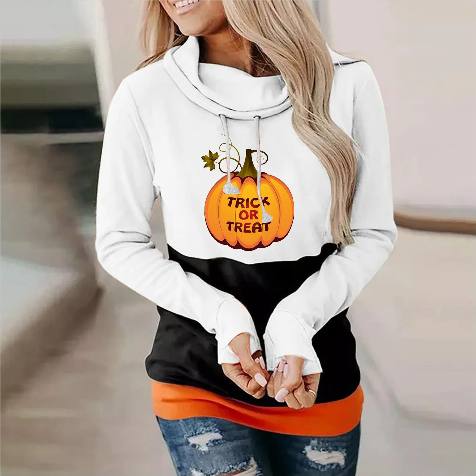 

Women's Oversized Sweater Hat Casual Halloween Printed Color Matching Long Sleeved Top Knitted Tunic
