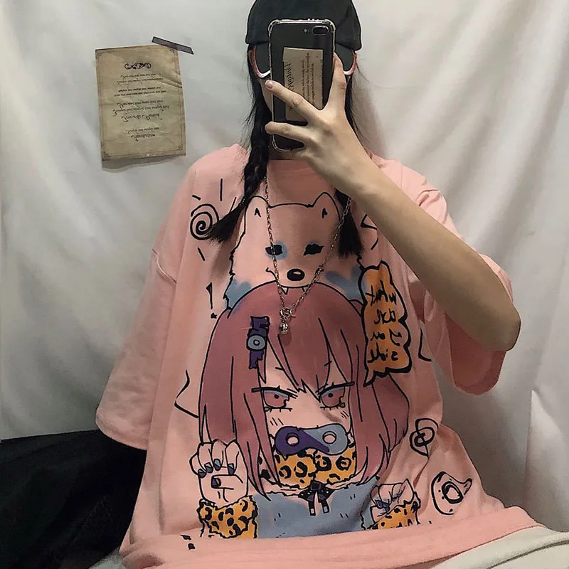 

Летняя новая милая розовая футболка с двухмерным принтом из аниме с коротким рукавом в японском стиле Харадзюку кавайная женская футболка ...