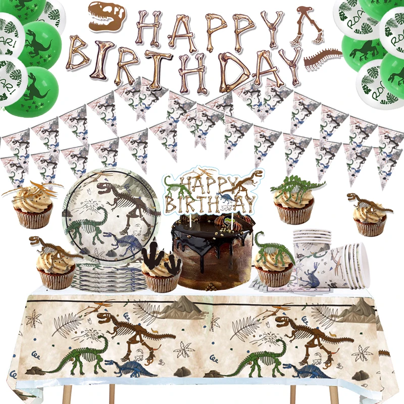 

Dinosaur Fossil Archaeological Theme Party Boy Kids 1st Happy Birthday Party Disposable Tableware Dino Plates Jungle Party Decor