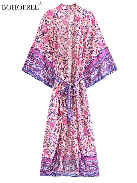 

Vintage Chic Women Pink Floral Print Sashes Bohemian Kimono Dress Ladies V Neck Batwing Sleeves Boho Robe Bikini Cover-ups