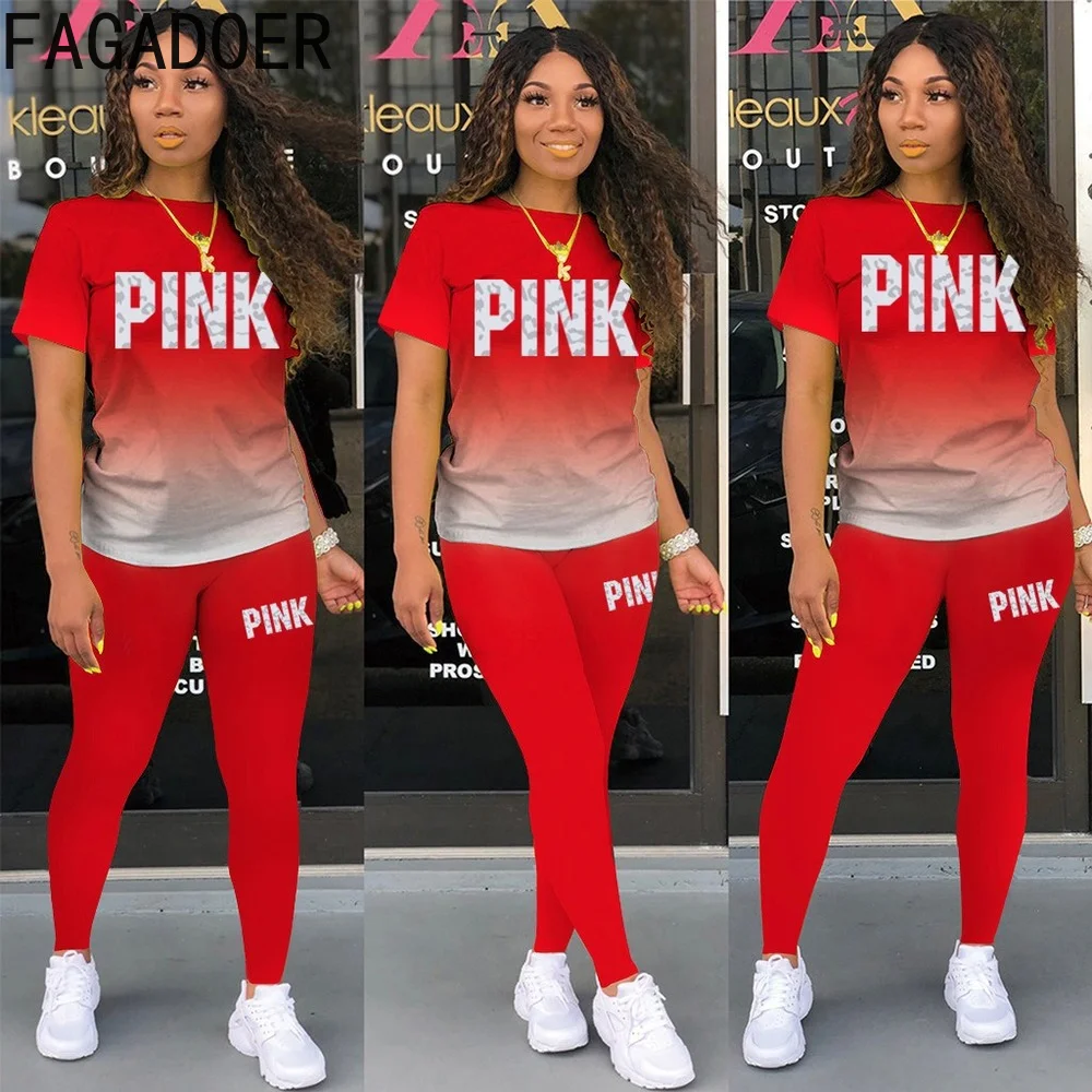 

Fashion Plus Size Gradient Two Piece Sets S-3XL Women PINK Letter Print Tshirt + Jogger Pants Tracksuits Casual Outfits