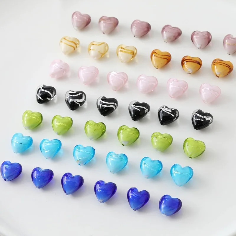 Стеклянные персиковые сердца полосы серебряная фольга прямые бусины с