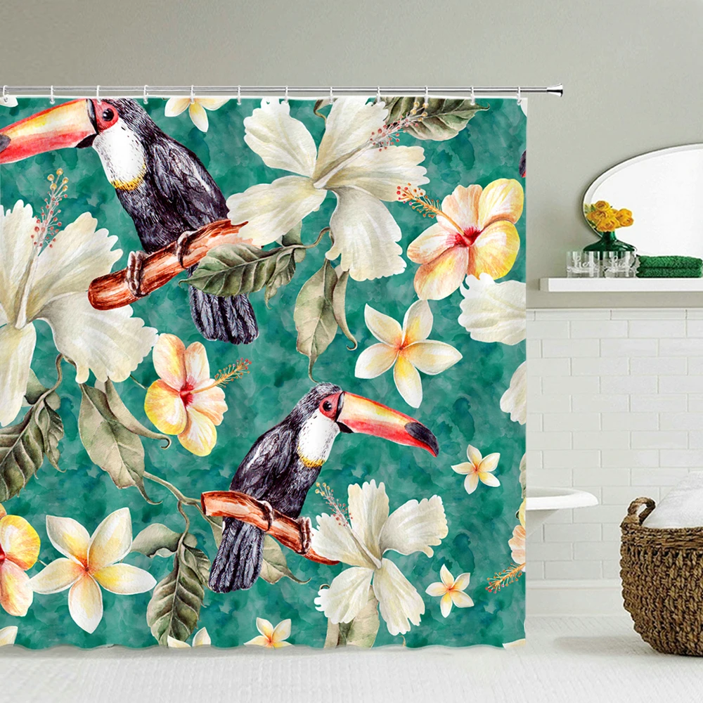 

Waterproof Shower Curtain Flowers Birds Printed Bath Curtain Polyester Fabric Bathroom Home Bath Decor Curtains With 12 Hooks