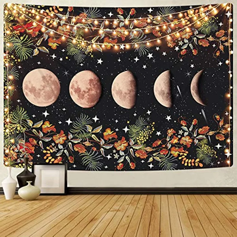 

Moonlight Garden Tapestry, Flower and Vine Tapestry Black Background Floral Tapestry Wall Hanging for Room (130 X 150 Cm)