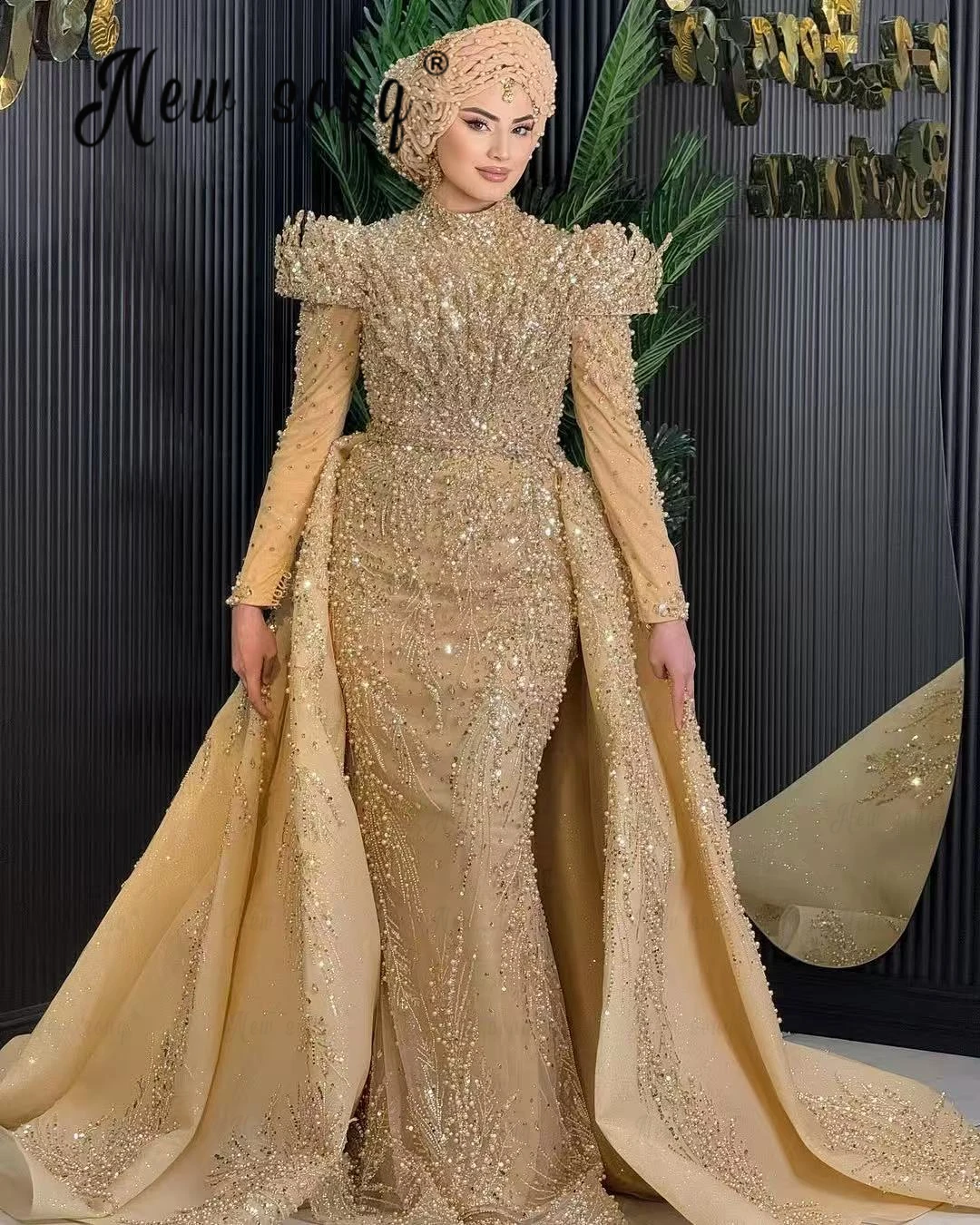 Мусульманские золотые вечерние платья с длинными рукавами новинка 2025 года
