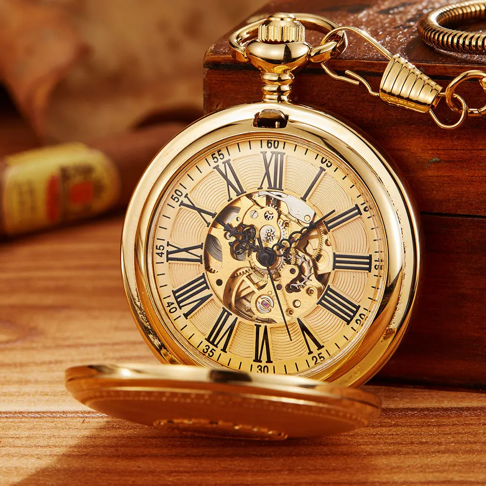 Luxury Top Brand Copper Material Mechanical Pocket Watch Men Fob Chain Gold Automatic Skeleton Sculpture Women Men Watches