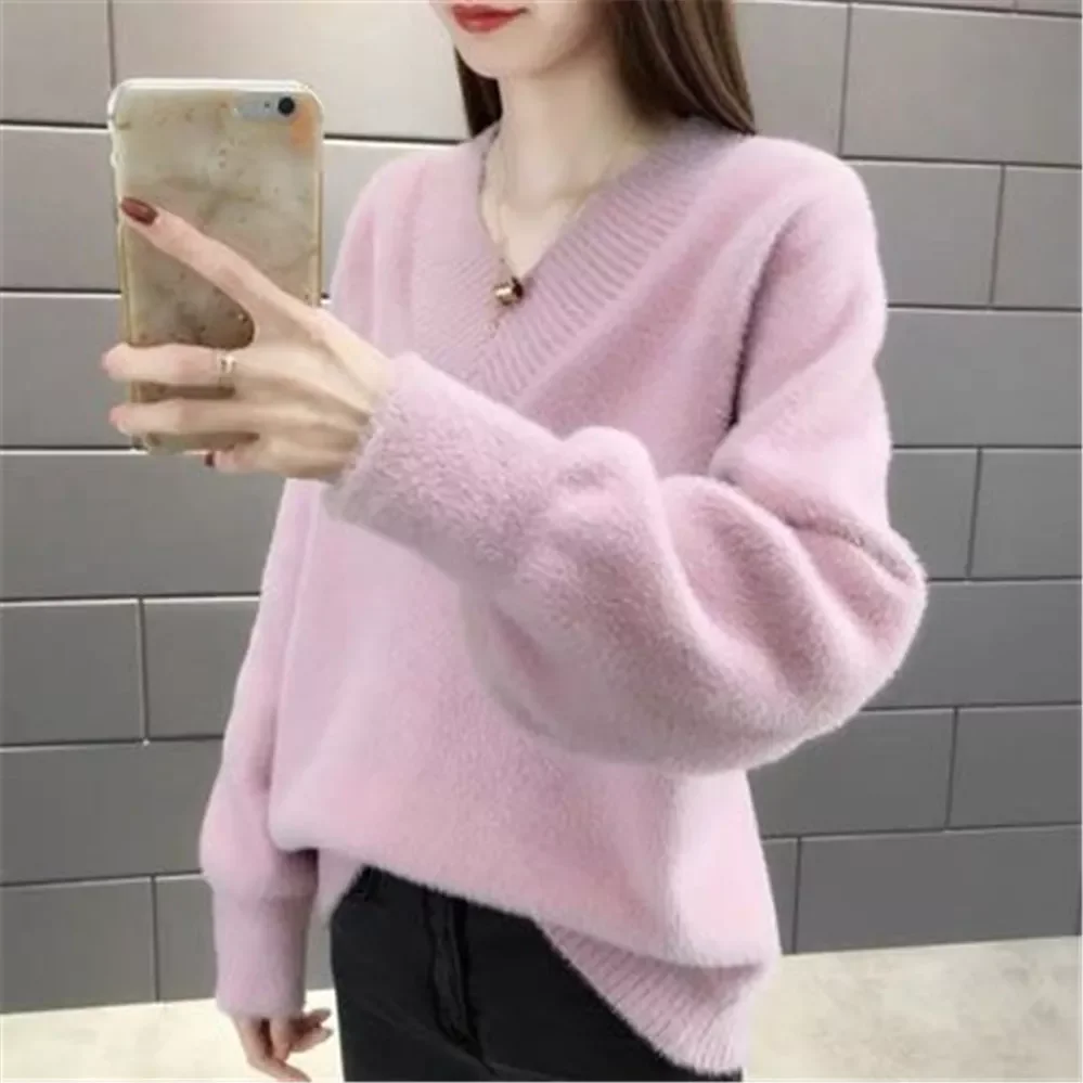 

sweaters women winter v-neck thick pullovers fake-mink cashmere womens elegant slim trendy all-match korean-style casual ZY5129