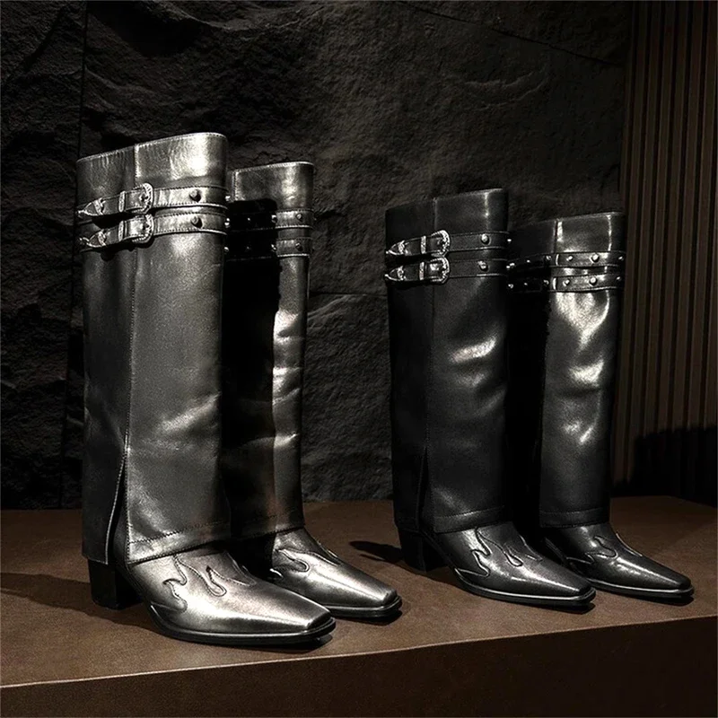 Винтажные сапоги до колена с квадратным носком и заклепками пряжкой двойным