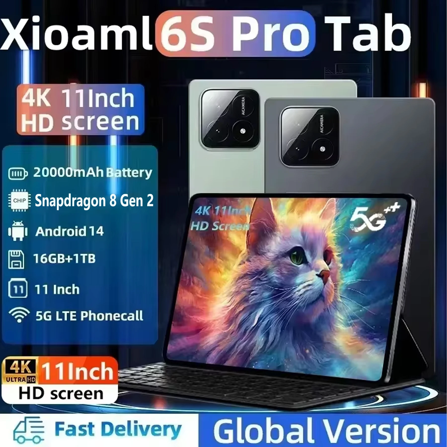 Планшет Pad 6S Pro 11 дюймов Android 14 16 ГБ + 1 ТБ 20000 мАч 5G Dual SIM Bluetooth HD 4K Wi-Fi GPS-планшет