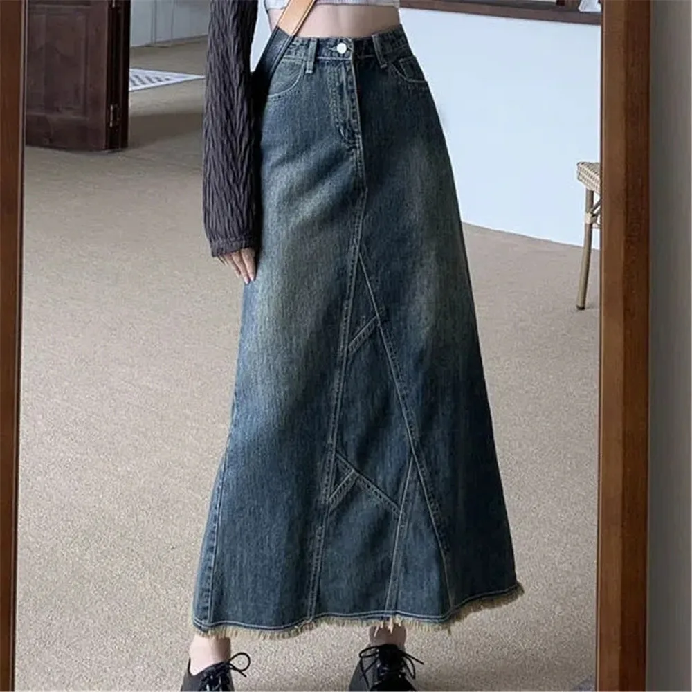 

Y2k Denim Skirts For Women Fashion Tassels High Waist Lotus Leaf Package Hip Fishtail Skirt Slit Design Retro Midi Skirt Street