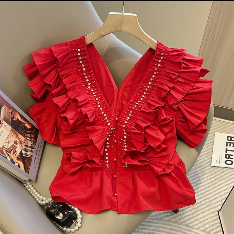 

Beaded Diamond Ruffled Stitching Flying Sleeve Shirt For Women Sexy V-Neck Single-Breasted Slim Short Blouse Summer Tops q113
