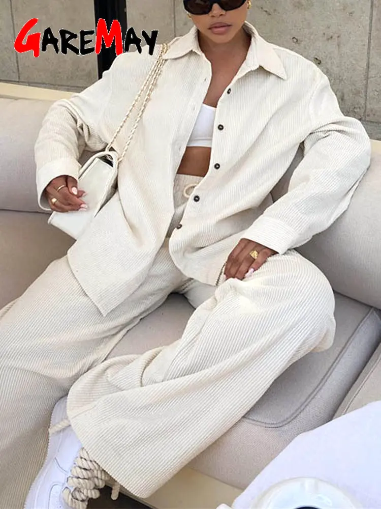 

Autumn Winter Women's Shirt and Pants Set White Corduroy Suit Elegant Classic Women Two Piece Outfits 2023 Wide Pants for Women