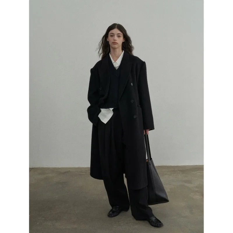 

2023 Autumn and Winter High Quality Handmade Wool Double-sided Woolen Coat Silk Lapel Loose Silhouette Long Coat