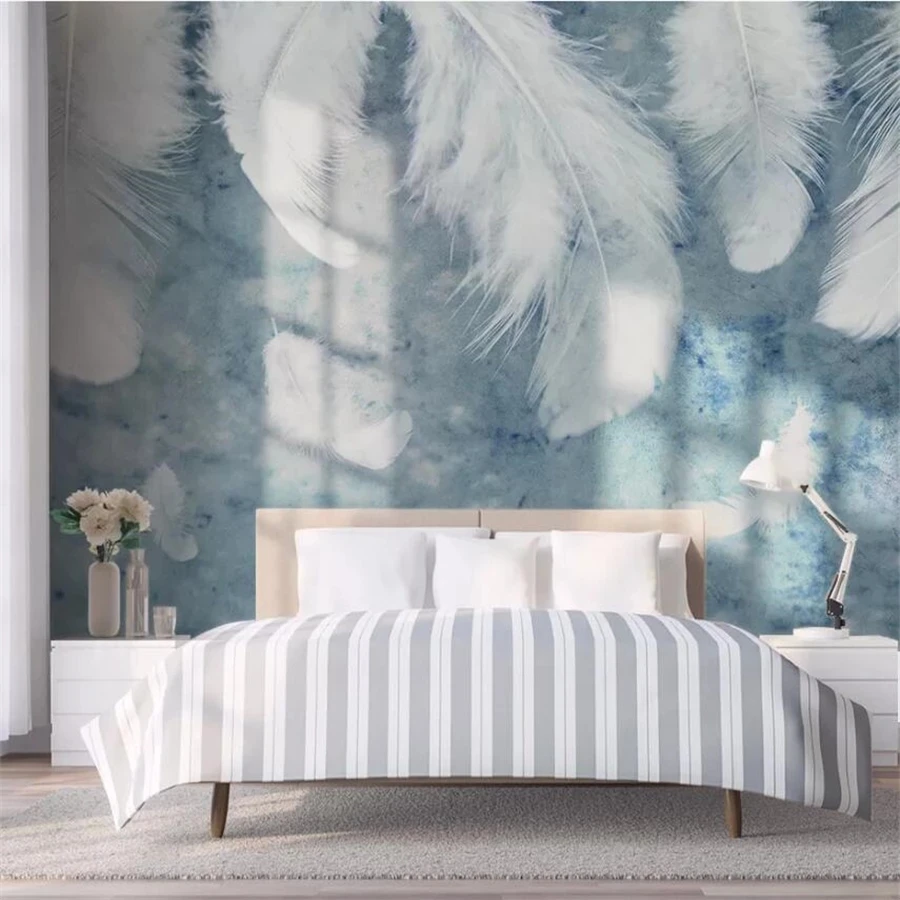 Custom Self Adhesive wallpaper 3d photo mural papel de parede Nordic style wall simple and elegant blues feather bedroom |