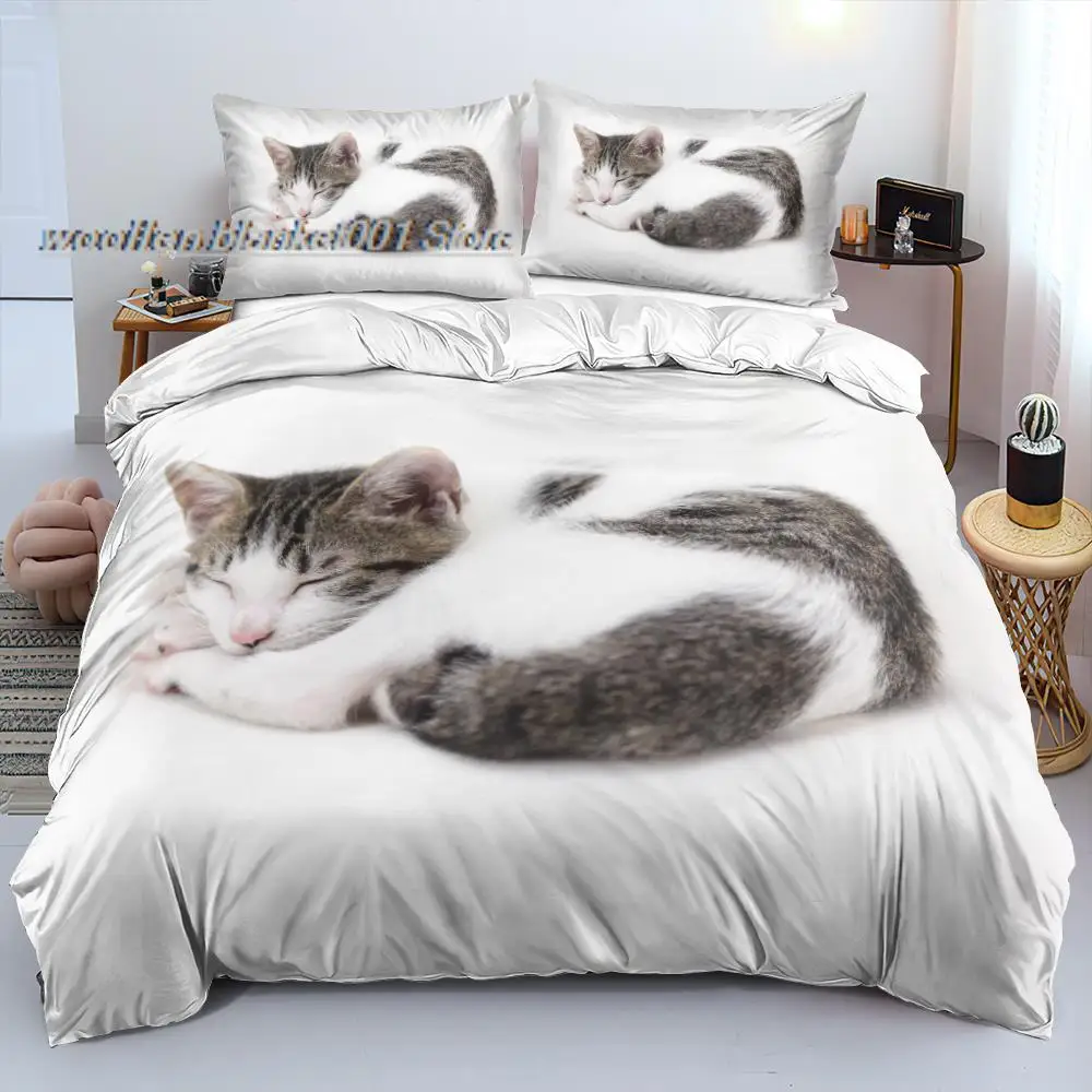 

3D Pet Cat White Bedding Sets Custom Design Duvet Covers Pillowcases Quilt Cover Twin King Queen Double Single Size Linens Bed