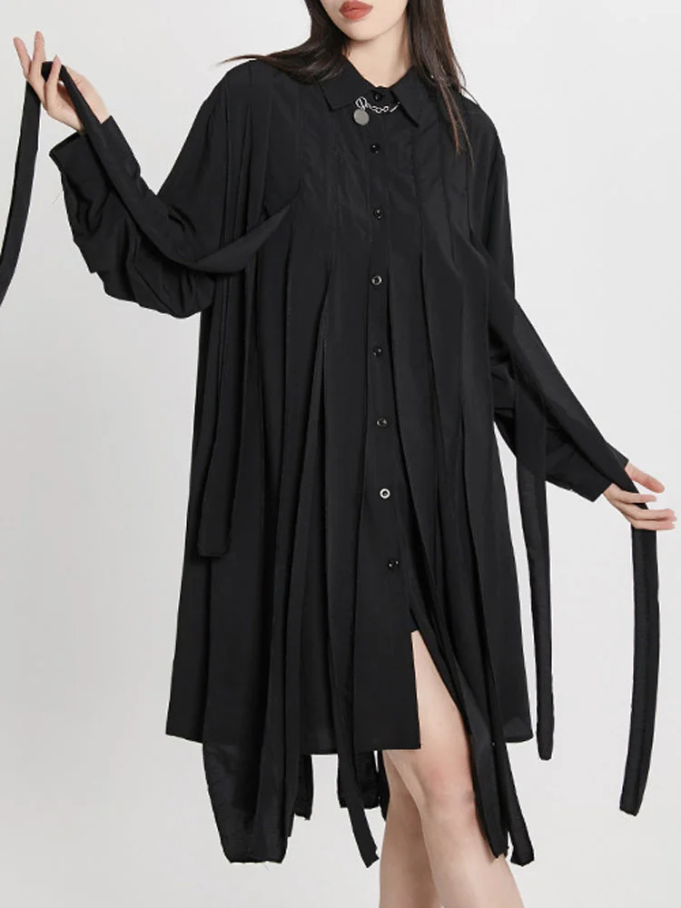 

Vintage Street Style Ribbon Fringed Dress Women's 2022 Spring Autumn Long-sleeved Y2k Loose Niche Design A-line Shirt Dresses