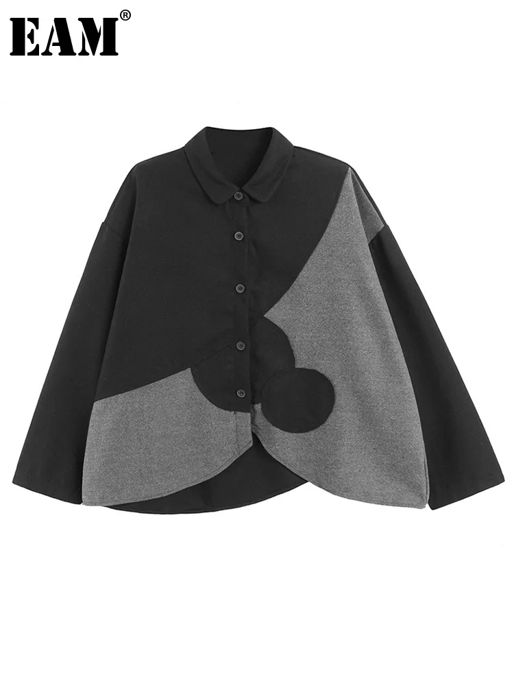 

[EAM] Women Black Irregular Color-block Big Size Blouse New Lapel Long Sleeve Shirt Fashion Tide Spring Autumn 2023 1DF4054
