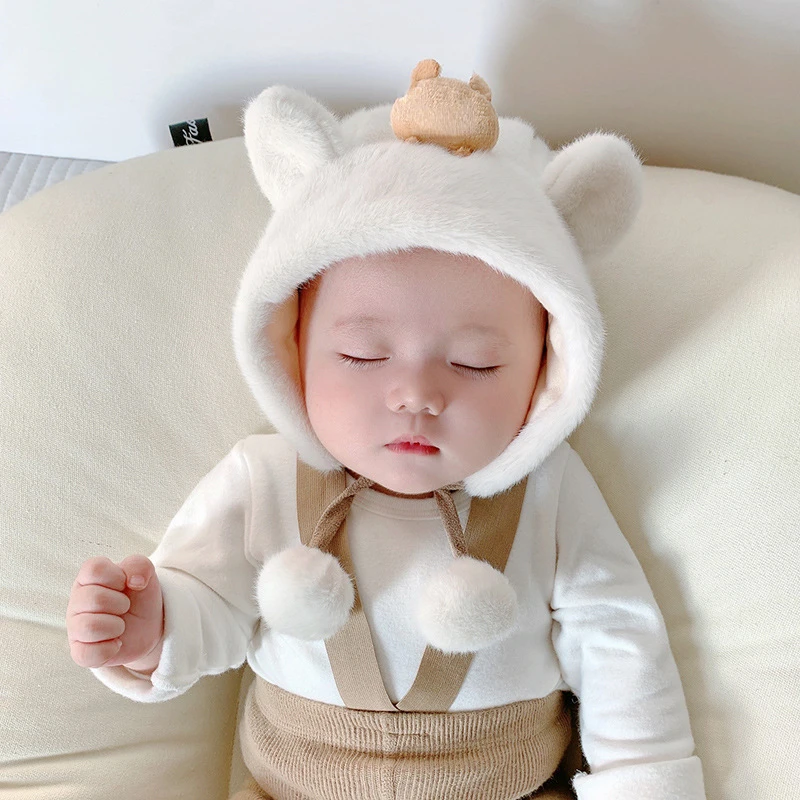 

Cartoon Bear Baby Hat Ear Protection Beanies Infant Warm Hat Plush Earflaps Cap Children Hat Kids Accessories 8Months-2Years