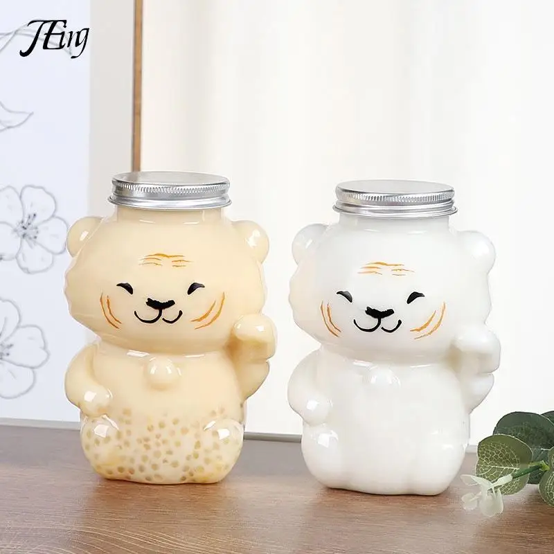 Beverage Pet Water Bottle  Bear Tiger Bottles Disposable Takeaway Coffee Bottles With Lids