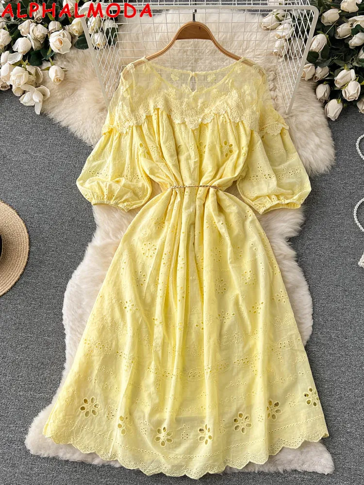 

Женское кружевное платье ALPHALMODA, лоскутное с поясом и вышивкой, праздничное Повседневное платье с коротким рукавом 2022
