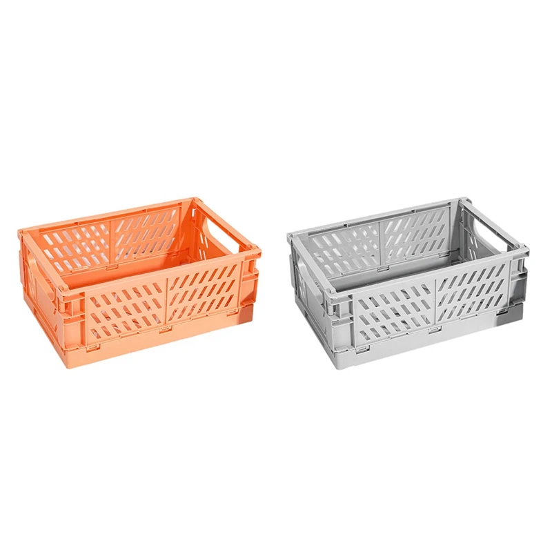 

2 Pcs Collapsible Crate Plastic Folding Storage Box Basket Utility Cosmetic Container, Orange & Gray