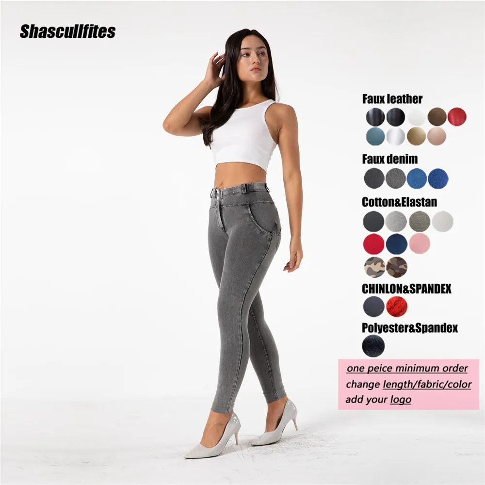 Shascullfites Gym And Shaping Pants Tailored Push Up Fade Grey Leggings Stretch Skinny Lady Jeans with Buttons