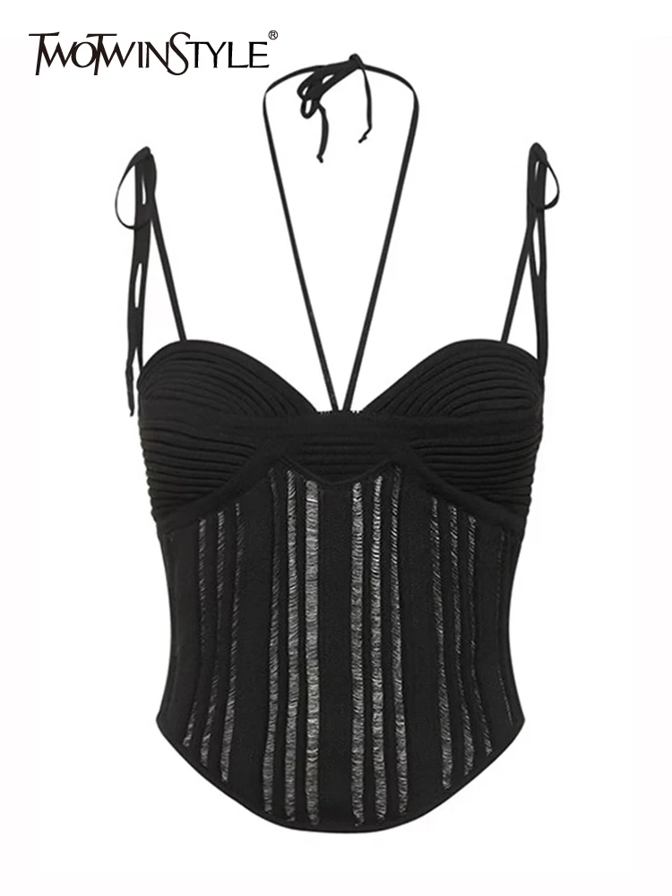 

TWOTWINSTYLE Solid Hollow Out Vests For Women Halter Sleeveless Patchwork Lace Up Sexy Summer Tank Tops Female Fashion Clothing