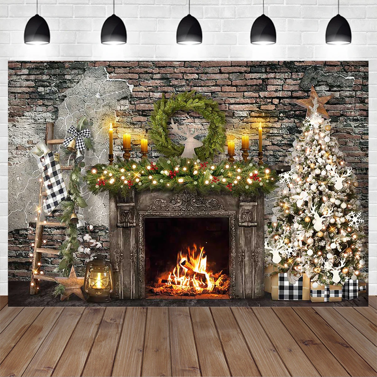 

Mocsicka Winter Christmas Fireplace Decoration Photo Background Xmas Tree Vintage Brick Wall Backdrop Home Portrait Shoot Props