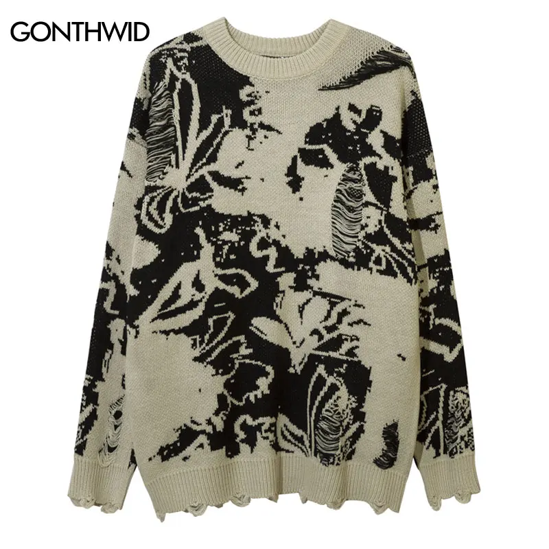 

Vintage Men Sweater Y2K Grunge Hip Hop Knitted Ripped Destroyed Hole Punk Gothic Pullover Jumpers Harajuku Casual Loose Sweaters