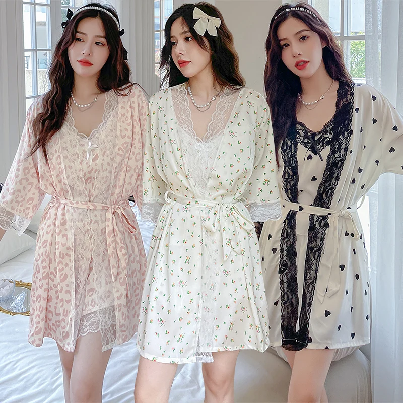 2022 New Summer 3PCS Silk Satin Sexy Lace Robes Spaghetti Strap Pajama Set For Women Korean Cute Sleepwear Suit Homewear Clothes
2022 New Summer 3PCS Silk Satin Sexy Lace Robes Spaghetti Strap Pajama Set For Women Korean Cute Sleepwear Suit Homewear Clothes