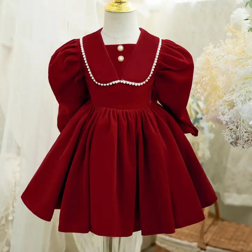 

Teens Autumn Winter Red Velvet Long Sleeve Vintage Turkish Princess Gown Dress For Girls Christmas Birthday Wedding Party A1988