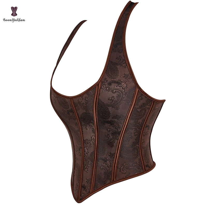 Brown Steampunk Clothing Retro Chest Binder Bustier Halterneck Corset Top Women Corselet Plus Size