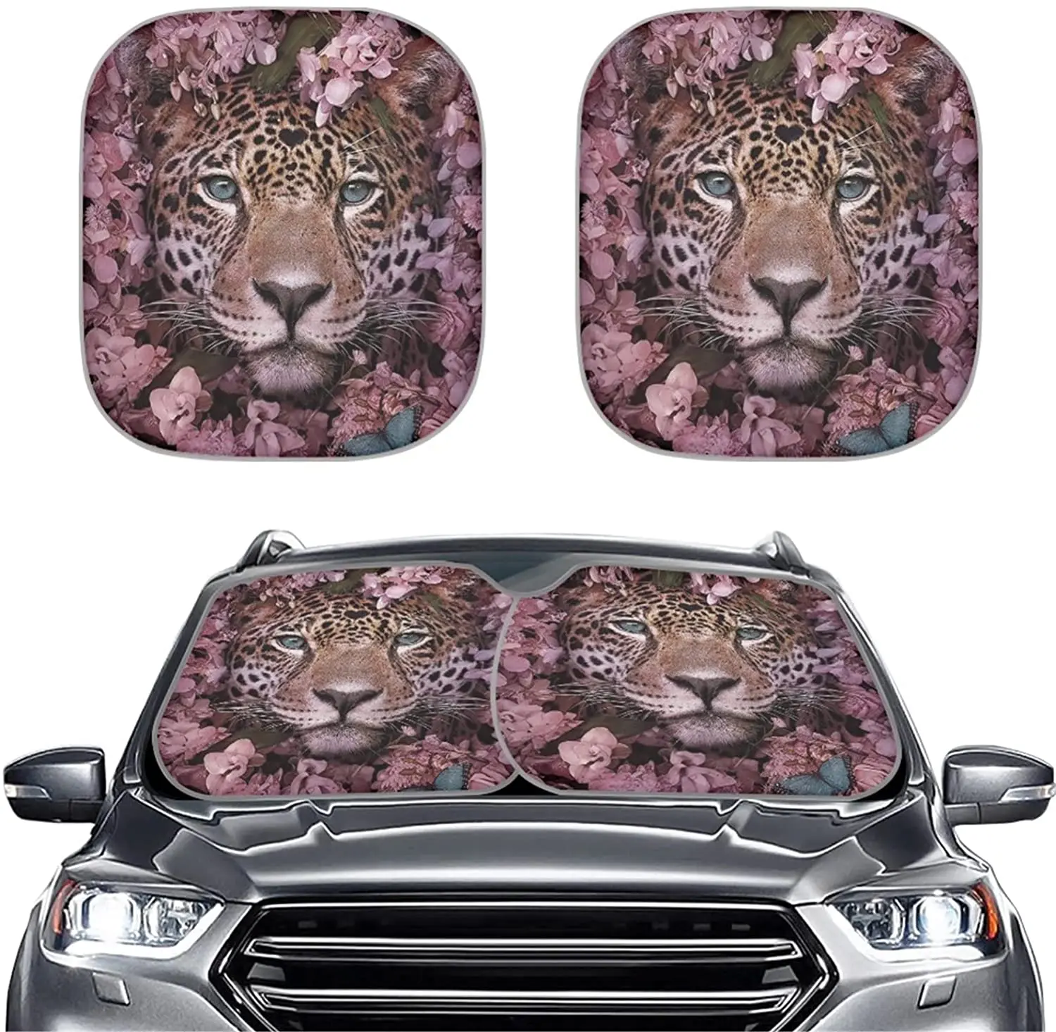 

2 Piece Leopard Floral Print Car Front Windshield Sunshade Foldable Reflective Car Window Sun Shade Blocks UV Rays