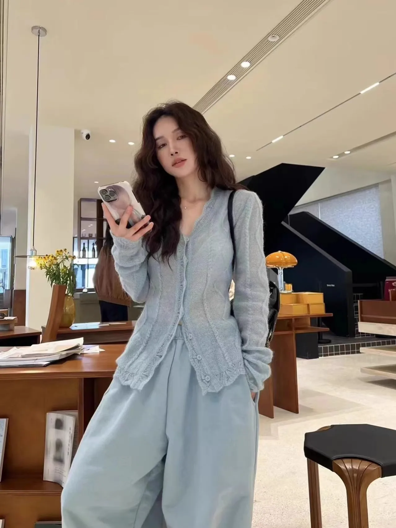 Slim Fit Long Sve V-Ne вязаный открытый кардиган женский весна-лето тонкая кружевная