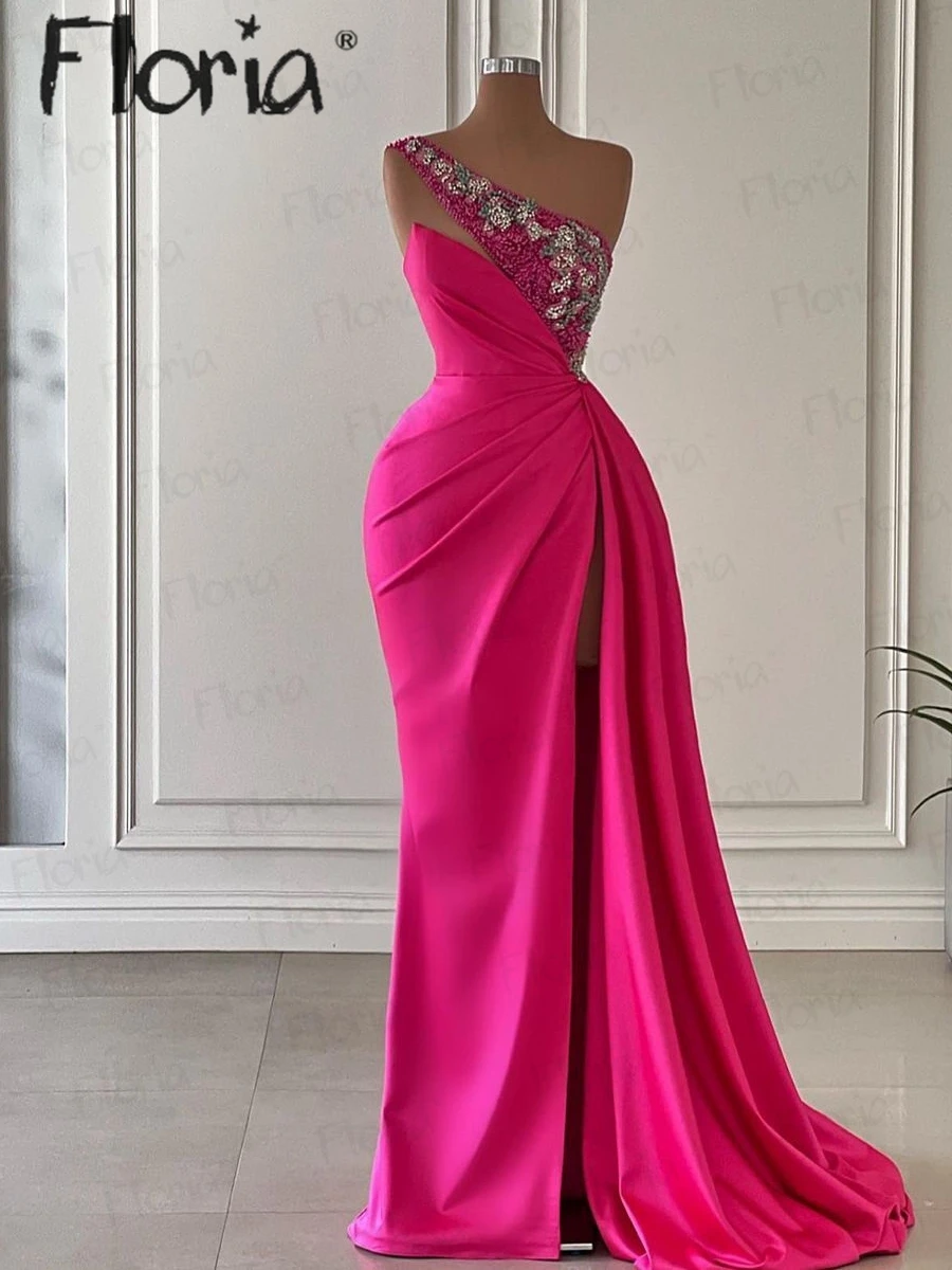

Hot Pink One Shoulder Elegant Pageant Party Dress Handmade Embroidery Beaded Wedding Event Gown Formal Occasion Dresses Slit