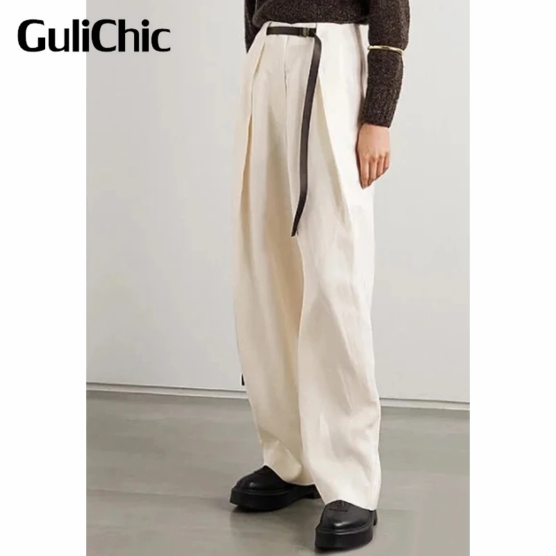 6.16 GuliChic Women Temperament Belt Decoration Pleated Loose Casual High Waist Wide Leg Pants