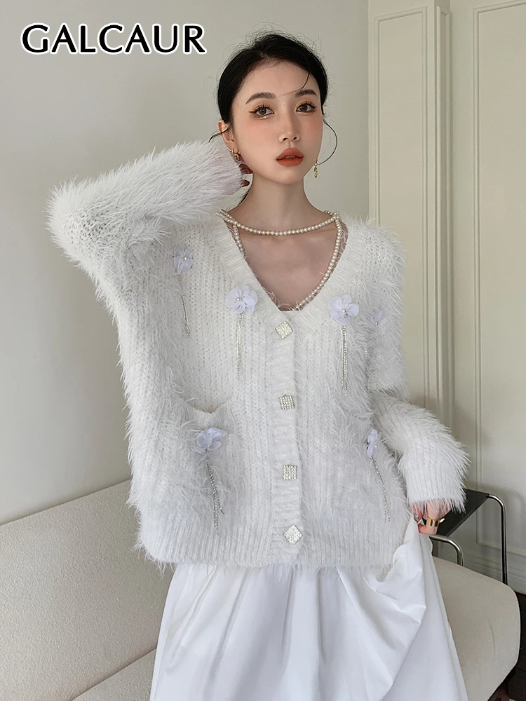 

Женский свободный свитер GALCAUR, с V-образным вырезом и длинным рукавом, в стиле пэчворк, с цветочным принтом, модная осенняя одежда, новинка 2022