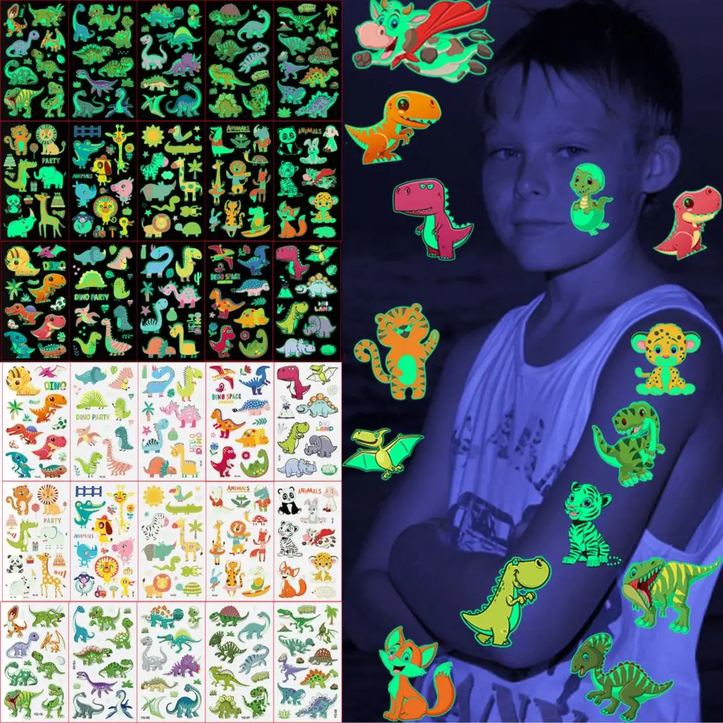 

5PC Luminous Lion Tiger Temporary Tattoos For Boys Girls Glow In Dark Dinosaur Cow Fake Tattoo Sticker Teens Arm Giraffe Tatoos
