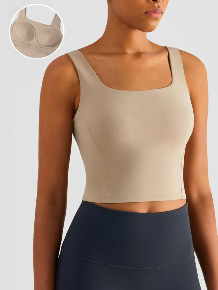 

Цельный женский топ с фиксированной чашкой, топ для йоги, спортивный бюстгальтер с квадратным воротником, жилет для фитнеса, тренировочная ...