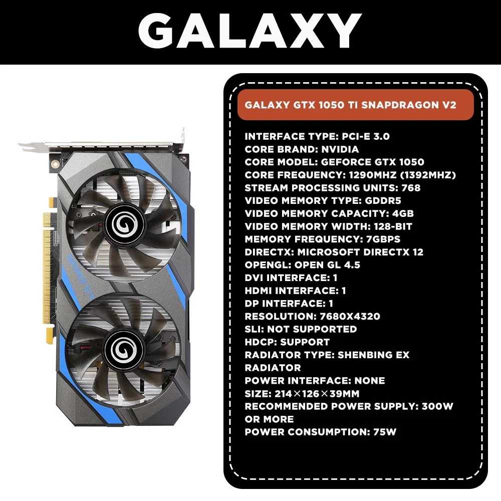 Видеокарта GALAXY GTX1050TI V2 4G GDDR5 128 бит GTX 1050 Ti 4 Гб NVIDIA 14 нм 7000 МГц |