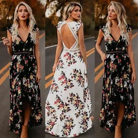 womens cover up boho holiday beach dress ladies party maxi sleeveless backless vintage split black white floral printed dress