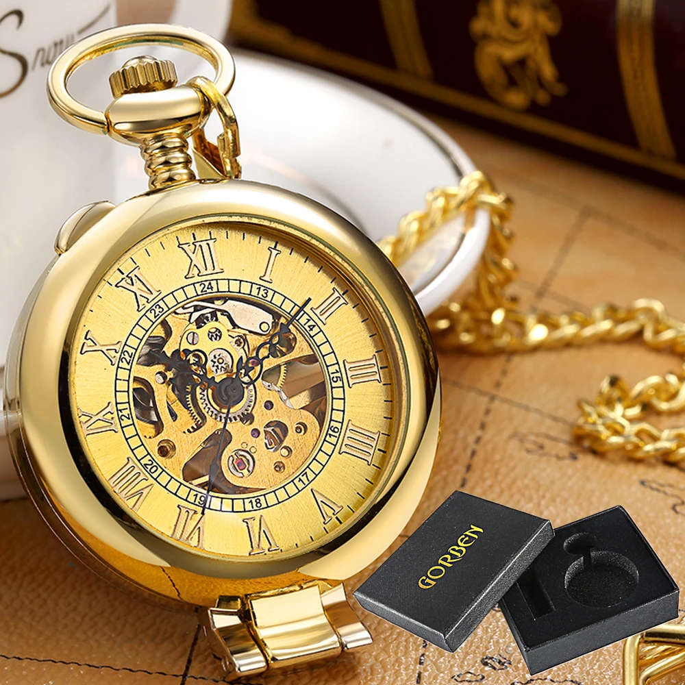 Skeleton Mechanical Pocket Watch with Chain Pendant Vintage MAN Pocket Watches Vest Necklace Watches Presents for Men Lady Clock