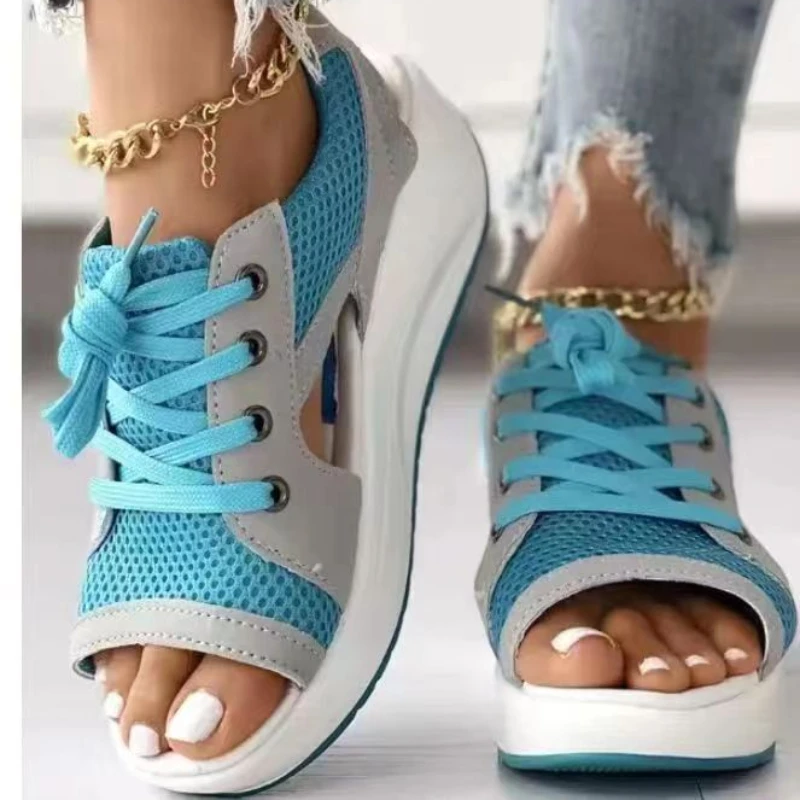 

Summer New Women Sandales Fashion Casual Flat Peep Toe Contrast Paneled Cutout Lace-Up Muffin Sandals Platform Sport Sandalias