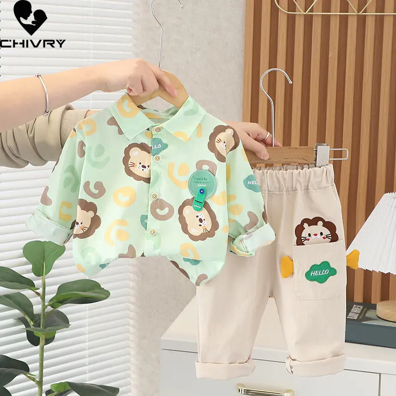 

Boys Clothing Sets New 2023 Spring Autumn Baby Kids Fashion Cartoon Lion Lapel Shirts Tops with Pants Boys Casual Two-piece Sets