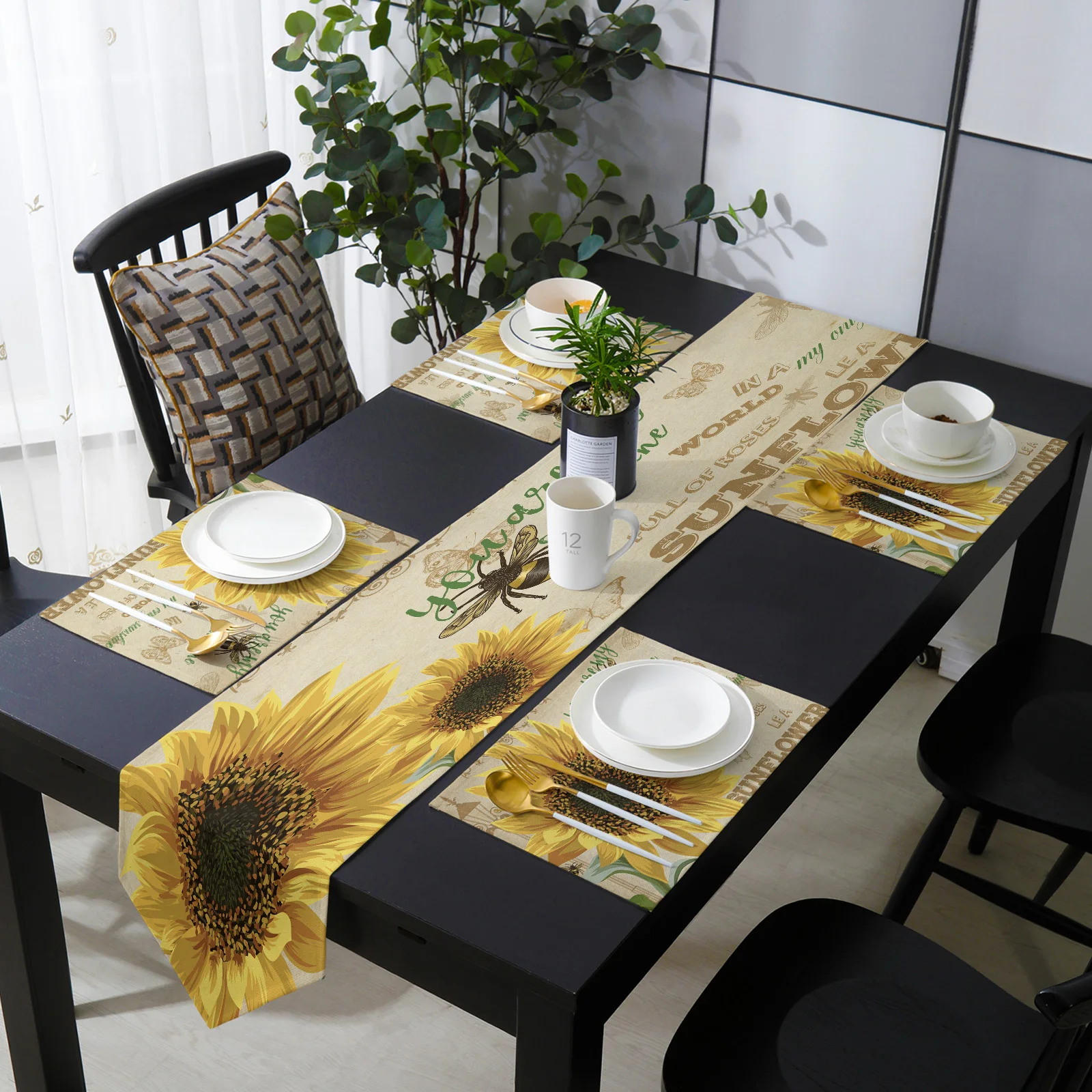 

Sunflower Bee Butterfly Retro Table Runner Placemats Set for Home Kitchen Dining Table Wedding Party Holiday Dinner Decoration