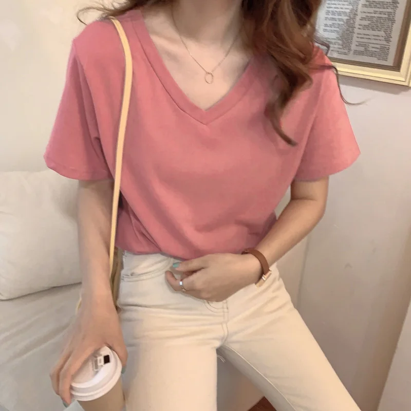 

Summer Women T Shirt harajuku solid T-shirts students korean Casual loose Short Sleeve pink white Tops woman all-match Tee Shirt