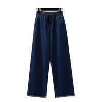 plus size m 5xl womens blue jeans elastic waist solid color straight denim pants with pockets