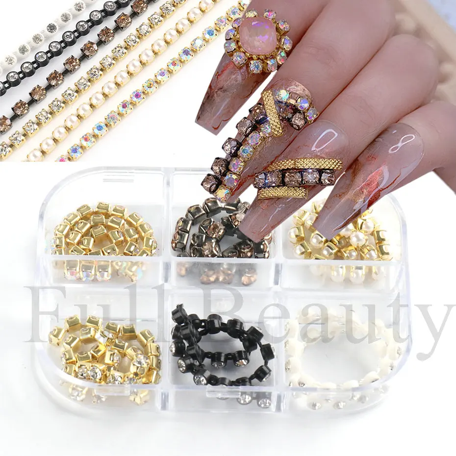 

6Grids Golden Diamond Nail Charms Rhinestone Metal Chain Nail Design Stones for Nails Crystal Pearl Manicure Decoration JI1920-B